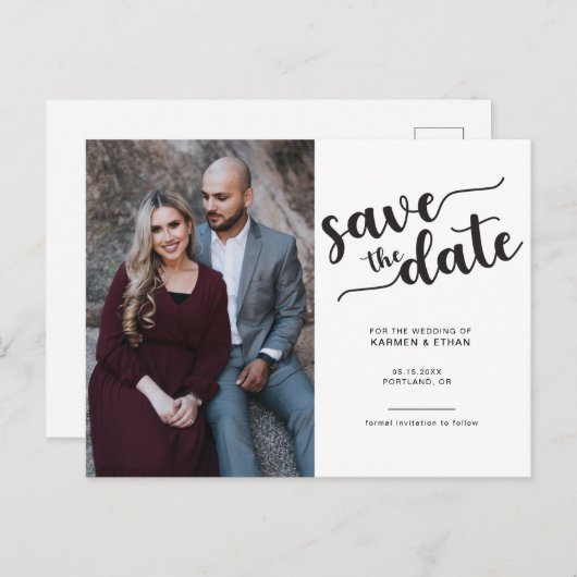 シンプルスクリプト日付を保存する白黒の写真 案内ポストカード (正面/裏面)