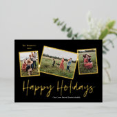シンプルスクリプト ハッピー ホリデイズ 3 フォト コラージュ ゴールド 箔シーズンカード (立ち正面)
