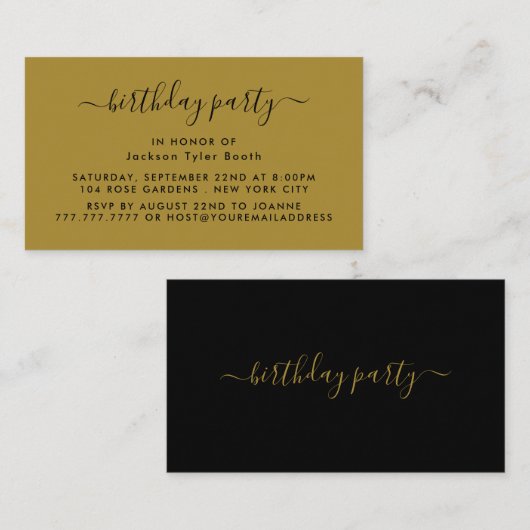 シンプルスクリプト – ブラック&金ゴールド誕生日パーティーチケット 名刺 (正面/裏面)