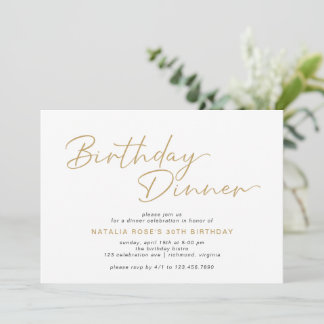 シンプルスクリプモダントホワイト&金ゴールド誕生日ディナー 招待状