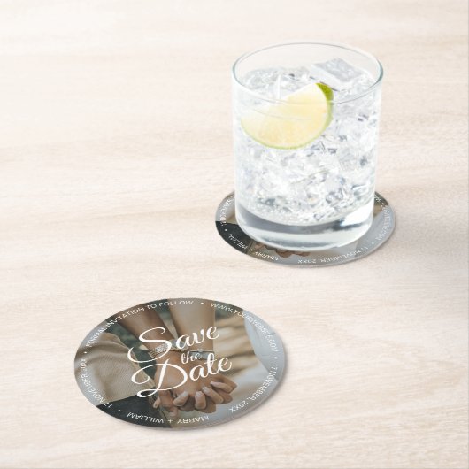 シンプルスクリプ結婚トの写真が日付を保存するエレガント ラウンドペーパーコースター (インサイチュ)