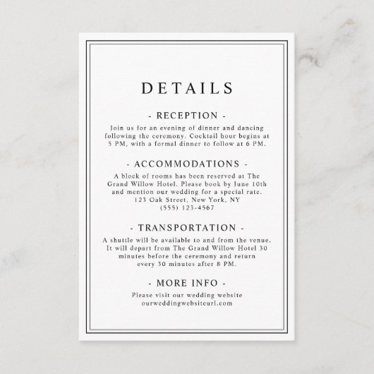 シンプルスタイリッシュクラシックタイポグラフィ結婚詳細 エンクロージャーカード (正面)