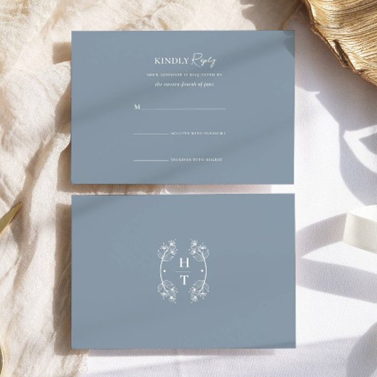 シンプルスタイリッシュダスティブルーモノグラムフォーマル結婚ズ 出欠カード