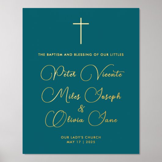 シンプルスタイリッシュティール（緑がかった色）三つ連洗礼式 箔ポスター (正面)