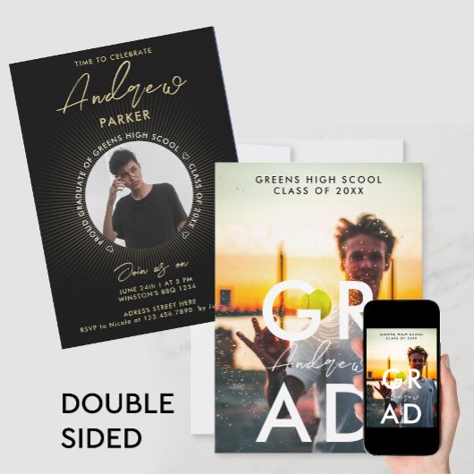 シンプルスタイリッシュモダン黒卒業写真 案内状