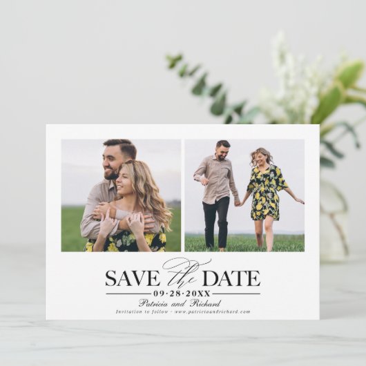 シンプルスタイリッシュ結婚式の日付2写真を保存 招待状 (スタンド正面)