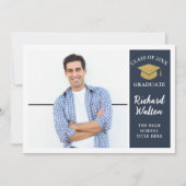 シンプルスタイリッシュ青・金ゴールド写真卒業パーティー 招待状 (正面)