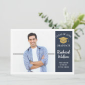 シンプルスタイリッシュ青・金ゴールド写真卒業パーティー 招待状 (スタンド正面)