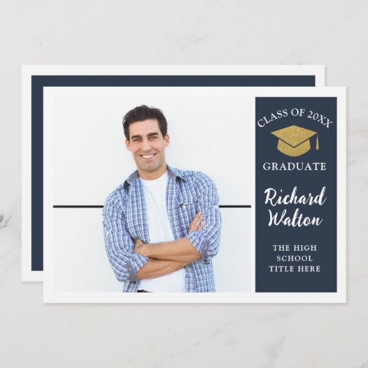 シンプルスタイリッシュ青・金ゴールド写真卒業パーティー 招待状 (正面/裏面)