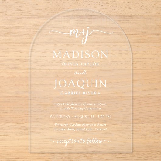 シンプルスタイリッシュScriptイニシャル結婚のアーチ アクリル招待状 (正面)