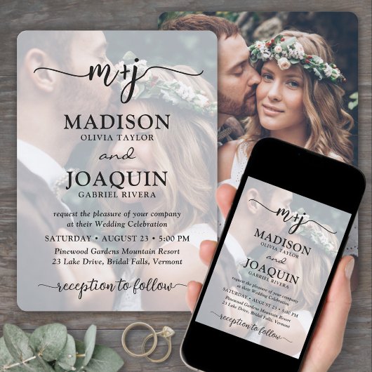 シンプルスタイリッシュScriptイニシャル2写真結婚の 招待状