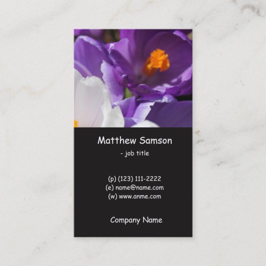 シンプルスタイル、白と紫のクロッカス花 名刺 (正面)