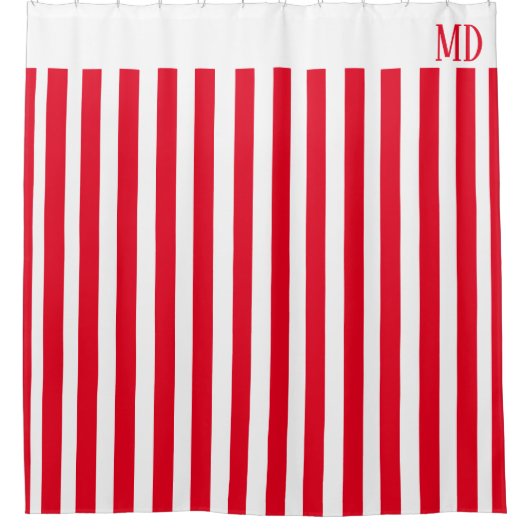 シンプルストライプの赤と白イニシャル シャワーカーテン (正面)