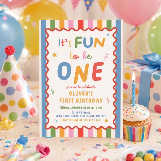 シンプルストライプの1歳の誕生日 招待状