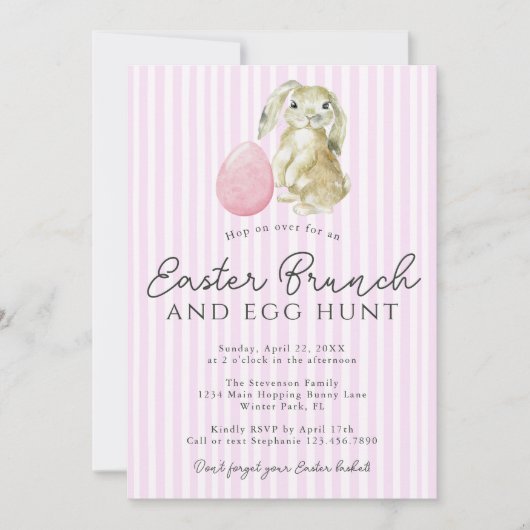 シンプルストライプピンク名門私立校風のバニー卵イースターブランチ 招待状 (正面)