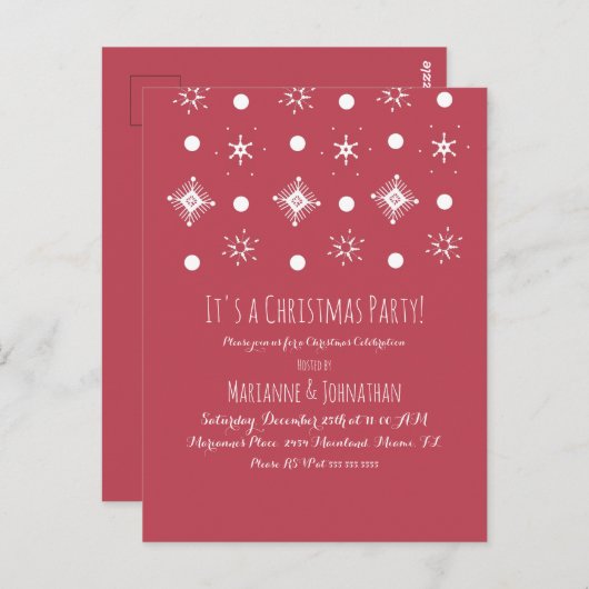 シンプルスノーフレークホワイトレッドクリスマスパーティー ポストカード (正面/裏面)