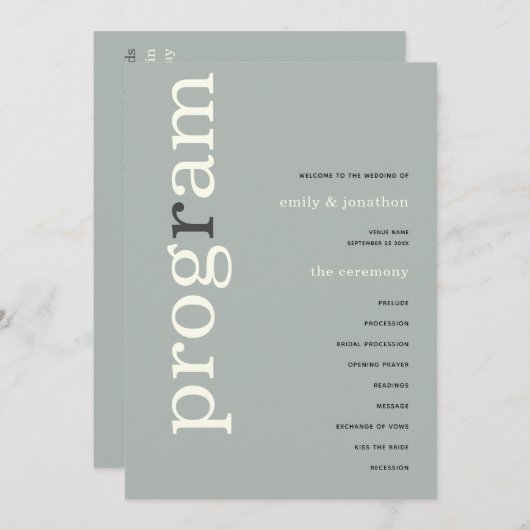 シンプルセージアイボリー文字結婚式 プログラム (正面/裏面)
