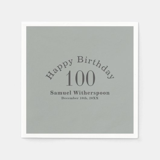 シンプルセージグリーンとチャコールグレー100誕生日 スタンダードカクテルナプキン (正面)