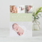 シンプルセージグリーンウェルカムフォトコラージュベビー誕生 案内状 (スタンド正面)