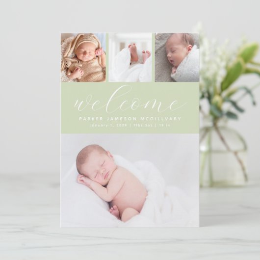 シンプルセージグリーンウェルカムフォトコラージュベビー誕生 案内状 (スタンド正面)