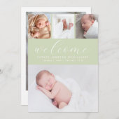 シンプルセージグリーンウェルカムフォトコラージュベビー誕生 案内状 (正面/裏面)
