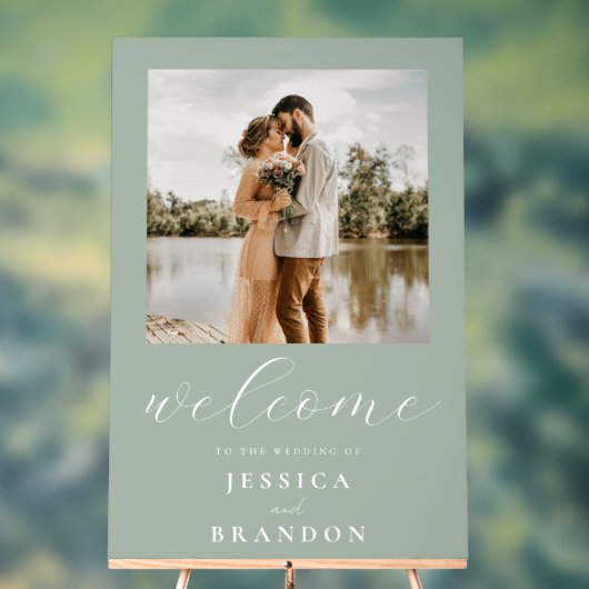 シンプルセージグリーンシック写真の結婚歓迎 アクリルサイン (ニュートラル)