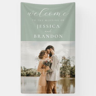 シンプルセージグリーンシック写真の結婚歓迎 横断幕
