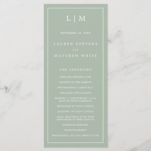 シンプルセージグリーンモノグラムエレガントウェディング プログラム (正面)