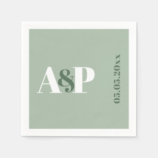シンプルセージグリーンモノグラムタイポグラフィ結婚ズ スタンダードカクテルナプキン (正面)