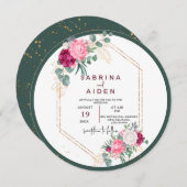 シンプルセージグリーン |赤面ピンクフローラ結婚ズ 招待状 (正面/裏面)