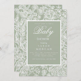 シンプルセージ緑のラインアートワイルドフラワー 招待状