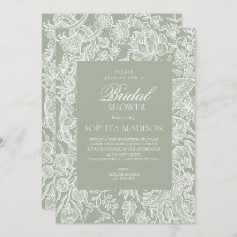 シンプルセージ緑のラインアートワイルドフラワー 招待状