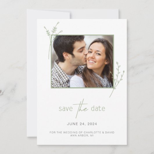 シンプルセージ緑の写真結婚式の日付を保存 セーブザデート (正面)