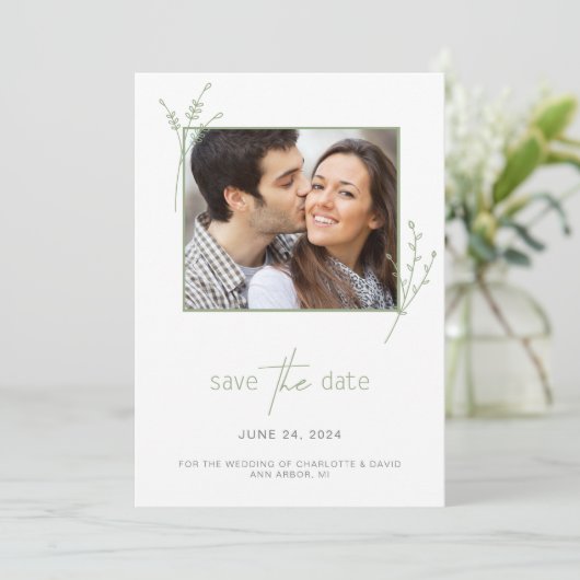 シンプルセージ緑の写真結婚式の日付を保存 セーブザデート (スタンド正面)