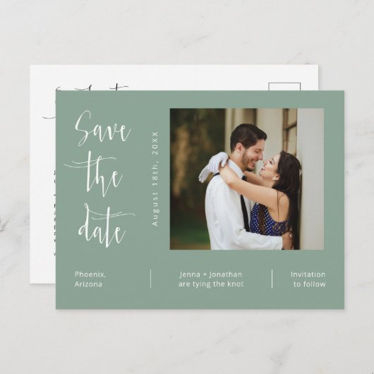 シンプルセージ緑の写真QRコード日付の保存 ポストカード (正面/裏面)