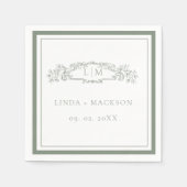 シンプルセージ緑の植物冠モノグラム結婚ズ スタンダードカクテルナプキン (正面)