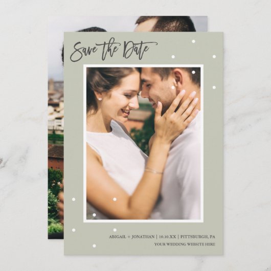 シンプルセージ2枚のドット付き写真日付の保存 セーブザデート (正面/裏面)