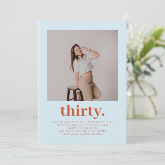 シンプルソフトブルーミニマルフォト30歳 招待状 (スタンド正面)