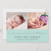 シンプルソフトミントグリーンフォトコラージュベビーガール 案内状 (裏面)