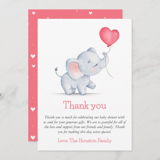 シンプルゾウ&ハートバルーンベビーシャワー サンキューカード (正面/裏面)