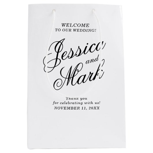 シンプルタイポグラフィの結婚歓迎 ミディアムペーパーバッグ (正面)