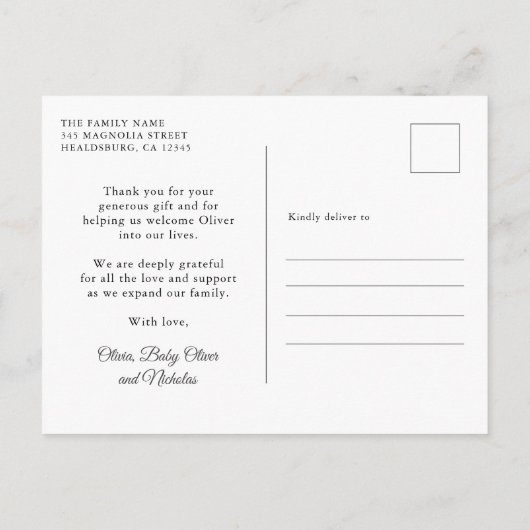 シンプルタイポグラフィはっきりしたベビー写真ありがとう ポストカード (裏面)