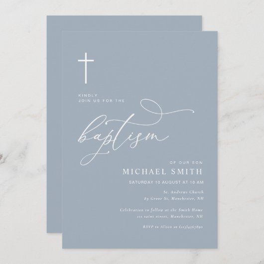 シンプルタイポグラフィほこりっぽい青い洗礼の招待 招待状 (正面/裏面)