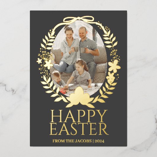 シンプルタイポグラフィエレガントイースターファミリーワンフォト 箔シーズンカード (正面)