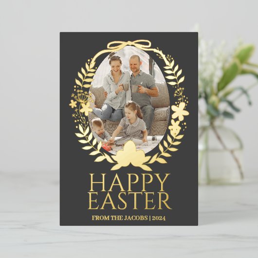 シンプルタイポグラフィエレガントイースターファミリーワンフォト 箔シーズンカード (立ち正面)