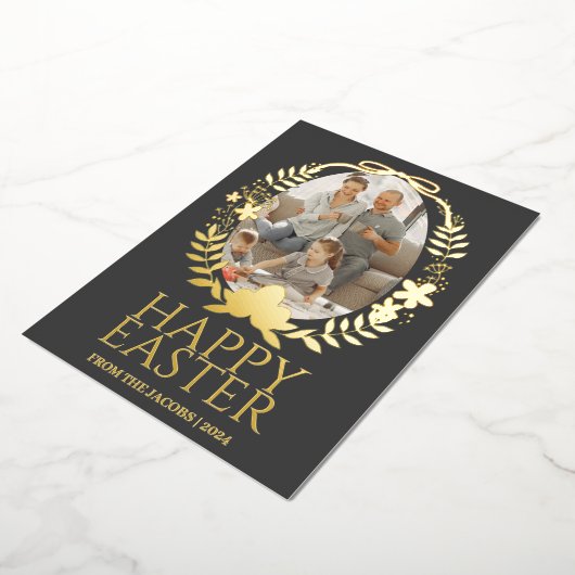 シンプルタイポグラフィエレガントイースターファミリーワンフォト 箔シーズンカード (回転した状態)