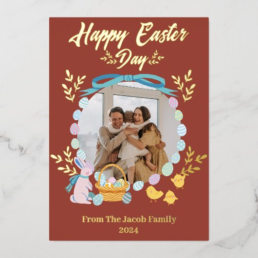 シンプルタイポグラフィエレガントイースター家族1枚の写真 箔シーズンカード (正面)