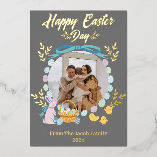 シンプルタイポグラフィエレガントイースター家族1枚の写真 箔シーズンカード (正面)