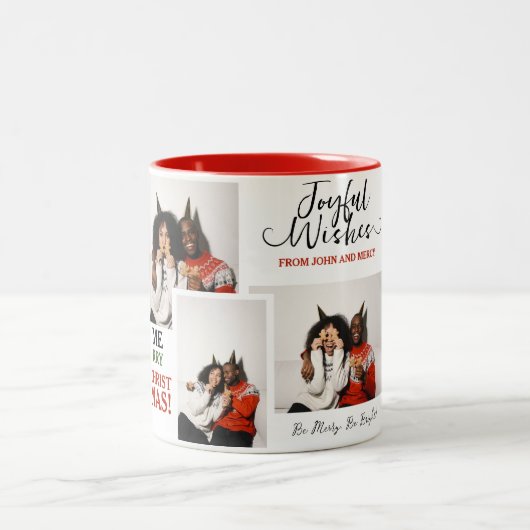 シンプルタイポグラフィエレガントクリスマスカップル3写真 ツートーンマグカップ (中央)