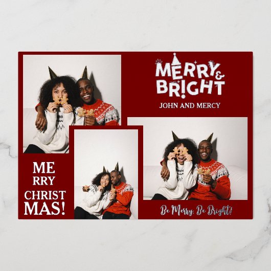 シンプルタイポグラフィエレガントクリスマスカップル3写真 箔シーズンカード (正面)